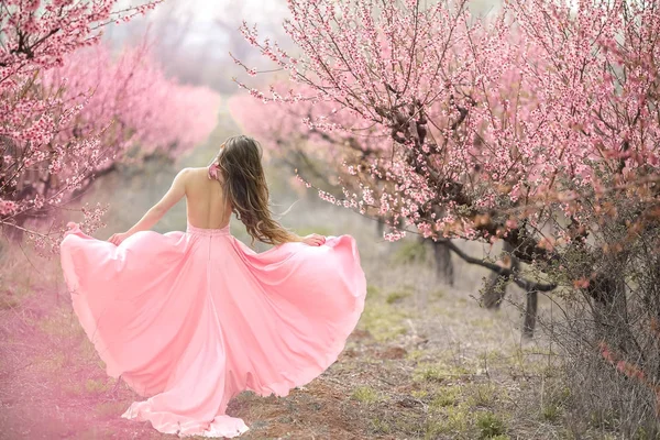 Uma jovem princesa caminha em um jardim florescente. Menina em um vestido rosa de luxo com um trem. Tonificação na moda . — Fotografia de Stock