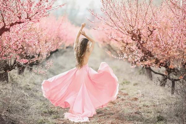 Una joven princesa camina en un jardín floreciente. Chica en un lujoso vestido rosa con un tren. Tonificación de moda . — Foto de Stock