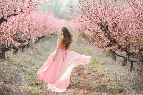 Une jeune princesse se promène dans un jardin fleuri. Fille dans une robe rose luxueuse avec un train. Tonification à la mode . — Photo