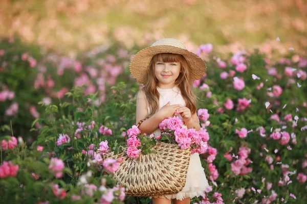 A little girl with beautiful long blond hair, dressed in a light dress and a wreath of real flowers on her head, in the garden of a tea rose Royalty Free Stock Photos