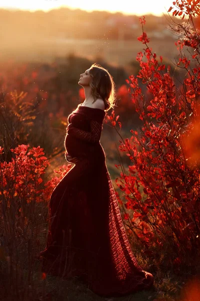 Těhotná žena uvolňující a užívat si života v přírodě — Stock fotografie