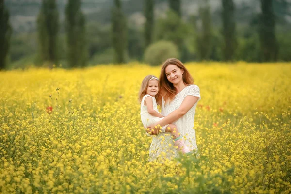 A Happy family: mother with young girl stand hand in hand on a green field against the background of coniferous forest and mountains. — Stock Photo, Image