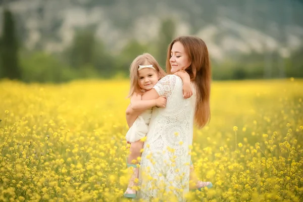 Uma família feliz: mãe com a menina ficar de mãos dadas em um campo verde contra o fundo da floresta de coníferas e montanhas . — Fotografia de Stock