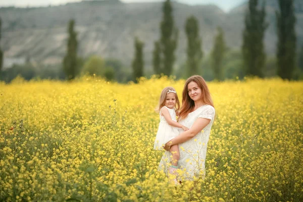 En lycklig familj: mamma med ung flicka står hand i hand på ett grönt fält mot bakgrund av barrskog och berg. — Stockfoto