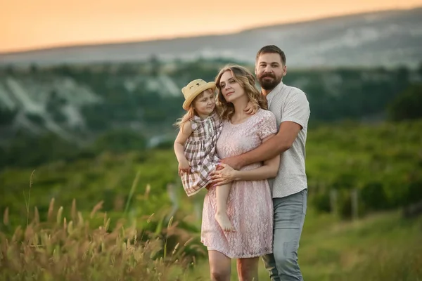 Una famiglia felice che cammina nella storia. madre e bambino che si abbracciano in un prato fiori gialli sulla natura in estate — Foto Stock