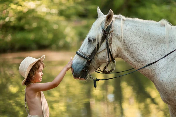 Liten pojke med lockigt hår klädd som Hobbit leker med hästen i sommar skogen — Stockfoto