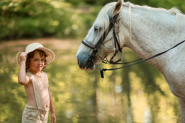 Liten pojke med lockigt hår klädd som Hobbit leker med hästen i sommar skogen — Stockfoto