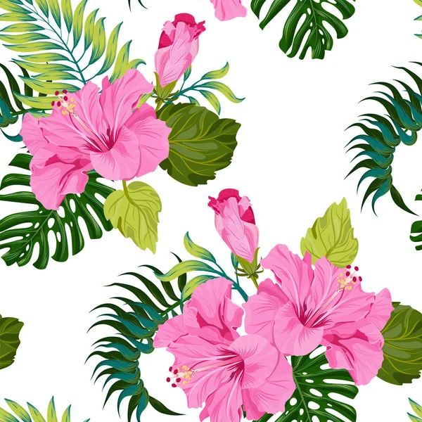 Tropisch Naadloos Patroon Met Roze Hibiscus Bloemen Groene Palm Bladeren — Stockvector