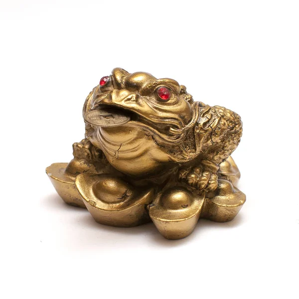 Goud Chinese Money Frog Met Munt Mond Geïsoleerd Wit Stockfoto