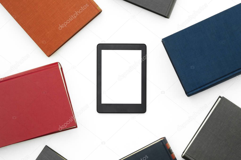 E-book device with books in white isolated background.