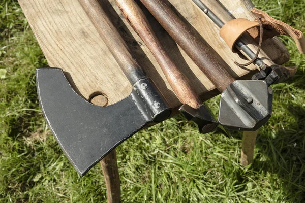Group Medieval Weapons Outdoors Focusing Axe — Stock Photo, Image