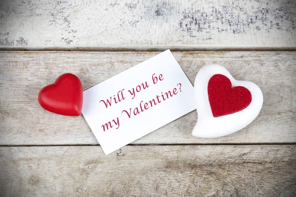 Valentinstag Grußkarte Auf Holztisch Mit Der Aufschrift Willst Mein Valentinstag — Stockfoto