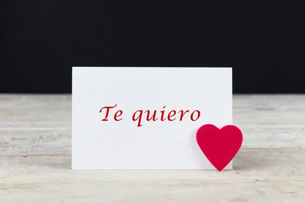 Valentine Greeting Card Wooden Table Text Written Spanish Quiero Which — Stok fotoğraf