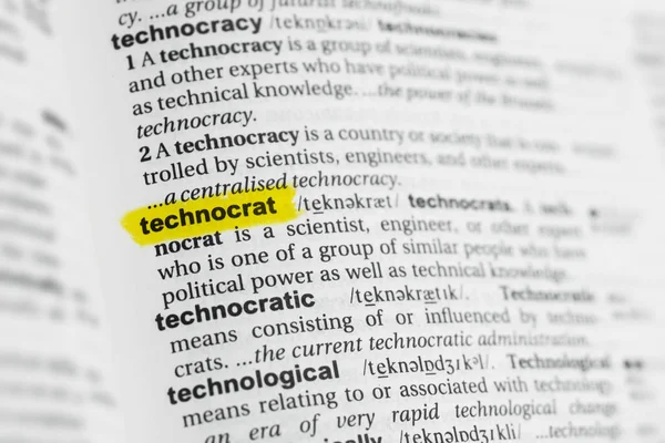 突出英文词语 Technocrat 及其在字典中的定义 — 图库照片