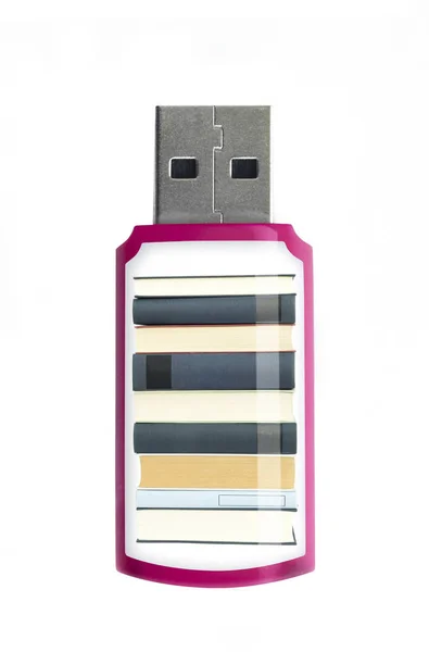 USB pen drive with a pile aof books inside on a white isolated background.