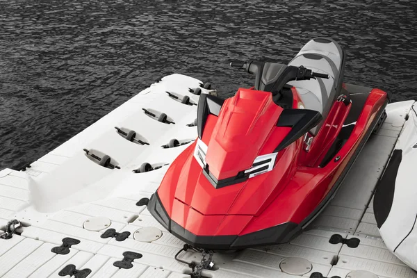 Rode Jetski Geparkeerd Naast Zee Zwart Witprinter Scène — Stockfoto