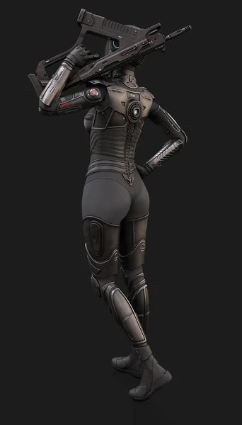 Female Cyborg Suit 3d illustration poses on the background