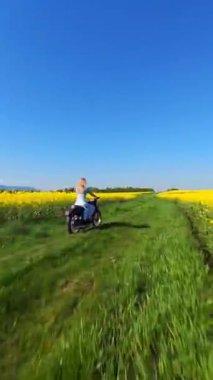 Güneşli bir günde sarı kolza tohumu tarlasında motosiklet süren bir kadının sinematik FPV görüntüsü. Özgürlük ve yaz temaları için enerjik kırsal yaşam tarzı manzarası.