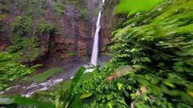 Sinematik FPV insansız hava aracı, Endonezya 'nın Doğu Java kentindeki tropikal yağmur ormanlarıyla çevrili, yüksek bir uçurumdan yemyeşil kanyona atlarken görüntülendi..