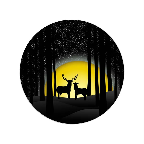 Romantric night christmas background with couple deer and the big moon in the forest. Vector illustration design.