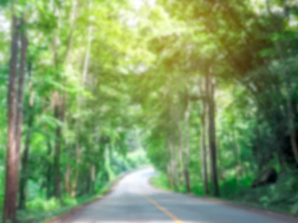 The winding road is blurred Both sides of the road are full of green trees. A route to Mae Hong Son Province, Thailand