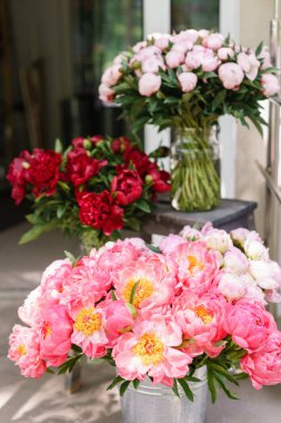 Cam vazo içinde sunulan güzel çiçekler. Güzel buket mercan çekicilik peonies tür. Çiçek kompozisyon, sahne, gün ışığı. Duvar kağıdı