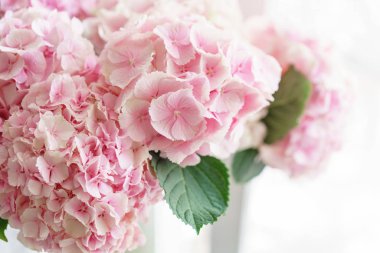 bir tabloda bir vazoda çiçekler güzel ortanca. Işık mavi, Lila ve pembe çiçek buketi. Ev dekorasyon. Duvar kağıdı ve arka plan. Dikey fotoğraf