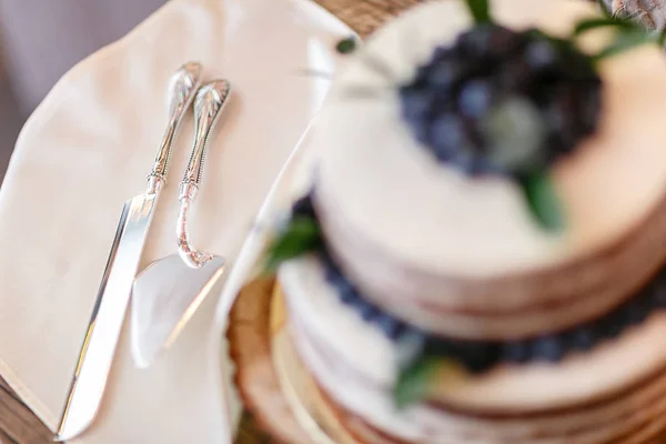 Concentre-se na faca e na lâmina. Casamento ou bolo de aniversário com bagas. Torta doce em banquete em restaurante . — Fotografia de Stock