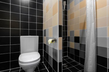 Banyo duş, klozet ve lavabo. Otel standart oda. basit ve şık iç. iç aydınlatma