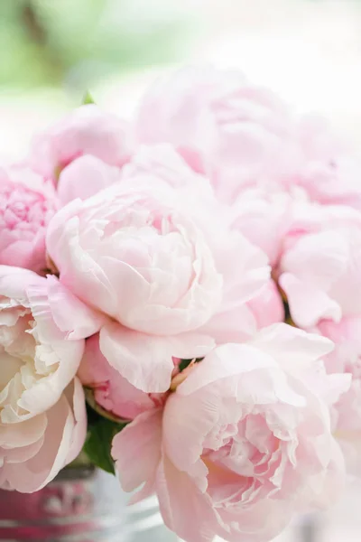 Preciosas flores en jarrón de cristal. Hermoso ramo de peonías rosadas. Composición floral, escena, luz del día. Fondos de pantalla —  Fotos de Stock
