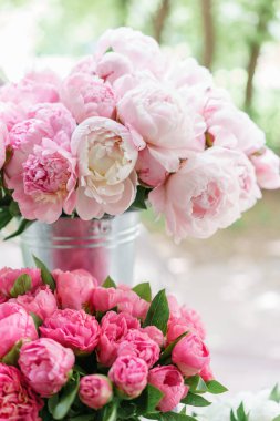 Cam vazo içinde sunulan güzel çiçekler. Pembe peonies güzel buket. Çiçek kompozisyon, sahne, gün ışığı. Duvar kağıdı
