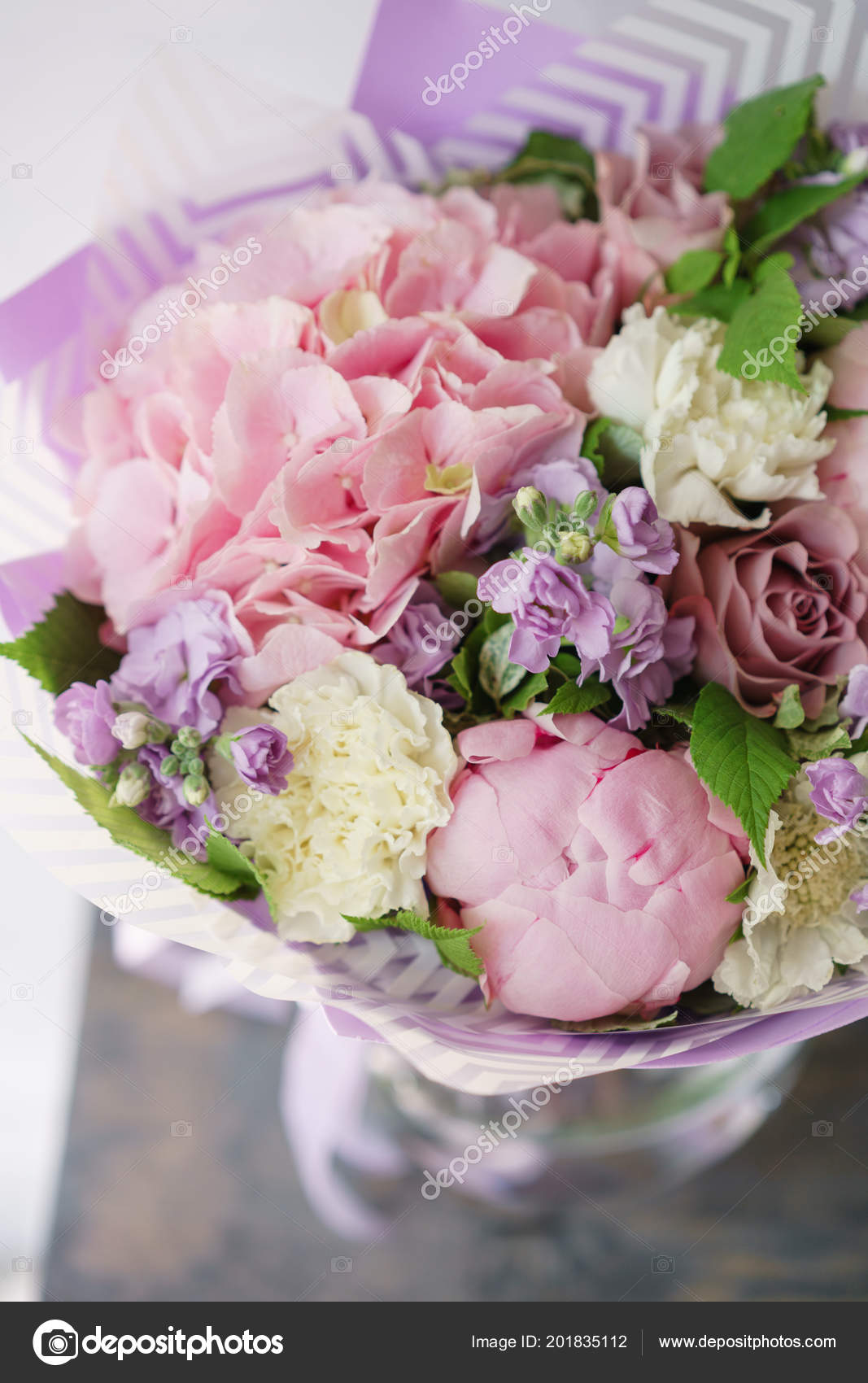 Beautiful spring bouquet. flower arrangement with hydrangea and peonies
