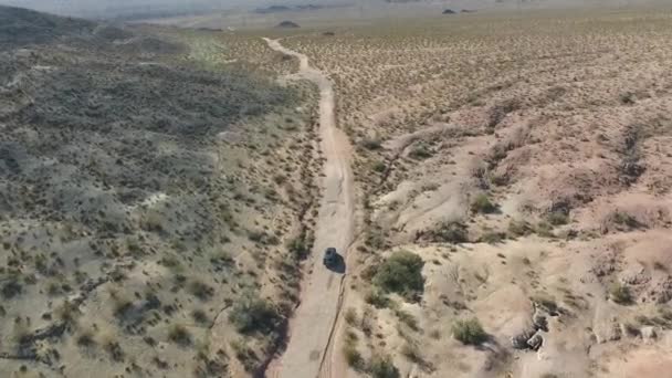 Flug über lange Autobahn im Tal des Denkmals in utah - Drohnenflug über Autos in arizona. Drohnenaufnahmen von oben, die über trockene und beige Wüste fliegen, durch Dürre entstandene Landschaft, Bedrohung durch die globale Erwärmung — Stockvideo