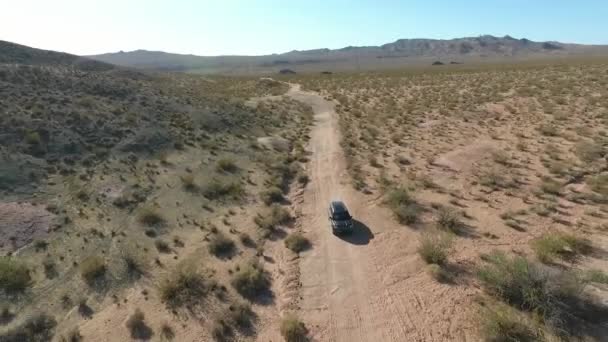 Flyg över lång motorväg på monument valley i Utah - antenn drönare över bilar i Arizona. Top view drone footage flygande över torr och beige öken, torka resulterade landskap, globala uppvärmningen hot — Stockvideo