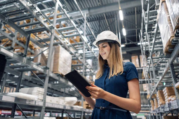 Güzel genç kadın işçi mobilya mağaza alışveriş merkezinde. Kız bir tablet ile mallar için ambardaki stok düzeylerini kontrol ediyor. Lojistik kavramı