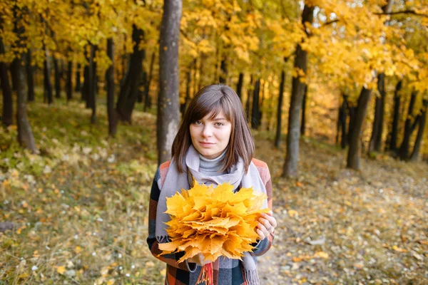 Retrato de mujer de moda joven al aire libre. Mujer morena en el parque de otoño con abrigo a cuadros de moda y bufanda. explotación de hojas amarillas —  Fotos de Stock