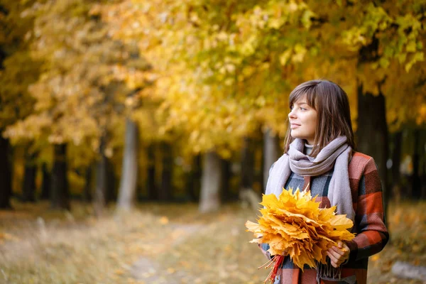 Porträt einer jungen Modefrau im Freien. brünette Frau im Herbstpark mit modischem karierten Mantel und Schal. mit gelben Blättern — Stockfoto