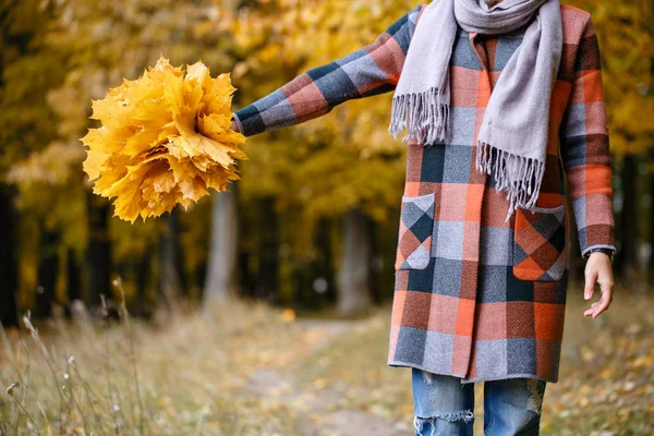 Céntrate en las hojas amarillas. Mujer morena en el parque de otoño con abrigo a cuadros de moda y bufanda . —  Fotos de Stock