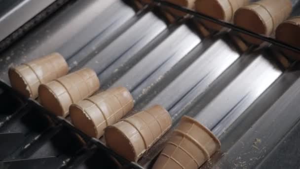 The conveyor automatic lines for the production of ice cream cones. Wafer cups and cones. Large industrial production. A major supplier of ice cream to the retail network — Stock Video