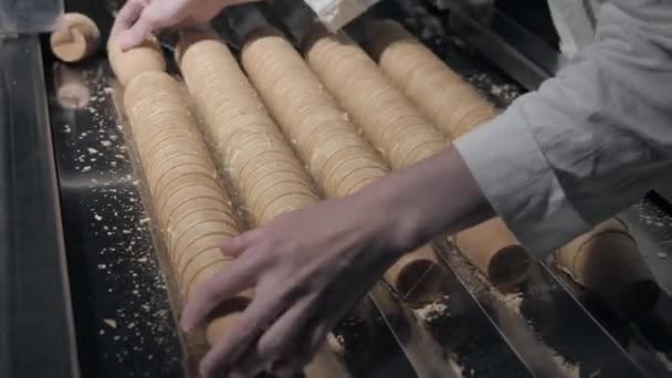 Las líneas automáticas transportadoras para la producción de conos de helado. Copas de obleas y conos. Gran producción industrial. Un importante proveedor de helados a la red minorista — Vídeo de stock