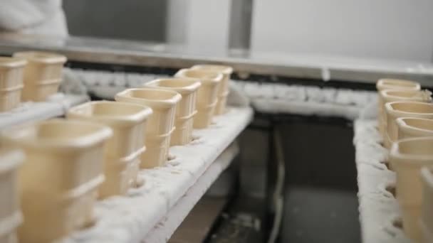 Las líneas automáticas transportadoras para la producción de conos de helado. Copas de obleas y conos. Gran producción industrial. Un importante proveedor de helados a la red minorista — Vídeos de Stock