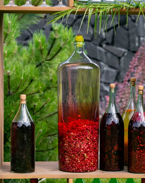 Бутылки настойки с лимоном, смородиной, ягодами и рованикой. Травяная медицина. Спиртное, вино и ликер — стоковое фото