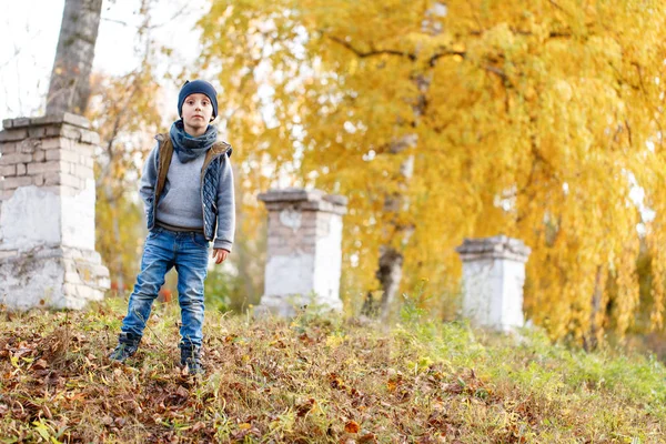 Bambino Felice Cammina Nel Parco Giornata Autunnale Brillante Alberi Con — Foto Stock