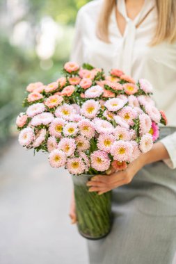 Vazo ile güzel aster çiçek buketi kadın elinde. Doğa arka plan, yaz çiçekli vazo