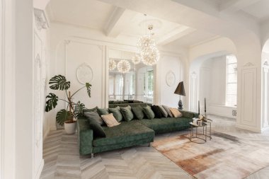 Otel iç. gün ışığında iç ve elektrik lambaları ışık. lüks salon Parke ahşap zeminler, şömine, kanepe ve houseplant. Duvarlarda sıva