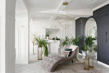 Sabah otelde lüks ışık iç. Lüks salon Parke ahşap zeminler, şömine, kanepe ve houseplant parlak ve temiz iç tasarımı. Duvarlarda sıva