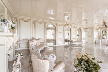 Konakta lüks ışık iç sabah. Lüks salon taş zeminler, şömine, kanepe ve sandalye ile parlak ve temiz iç tasarımı. Duvarlarda sıva