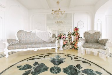 Konakta lüks ışık iç sabah. Lüks salon taş zeminler, şömine, kanepe ve sandalye ile parlak ve temiz iç tasarımı. Duvarlarda sıva