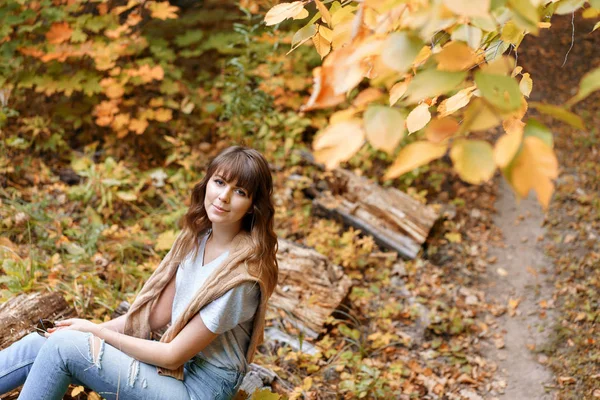 Ritratto di giovane donna nel parco autunnale seduta su un tronco di legno. Alberi con fogliame giallo sullo sfondo, bella luce del tramonto. Maglione caldo sulle spalle — Foto Stock