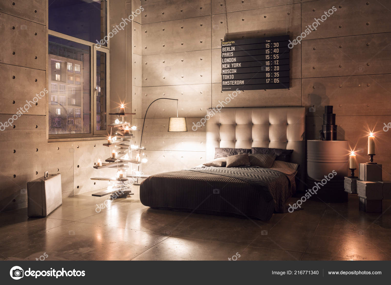 Modern Empty Bedroom In Loft Style With Grey Colors And